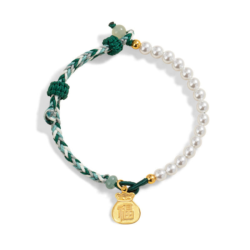 925 Sterling Silver Hetian Jade & Pearl Fu Wealth Bag Adjustable Rope Bracelet
