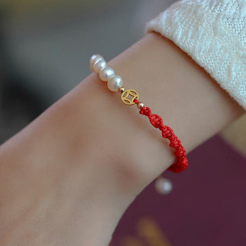 14K Gold Plated Pearl and Prosperity Symbol Braided Red String Bracelet