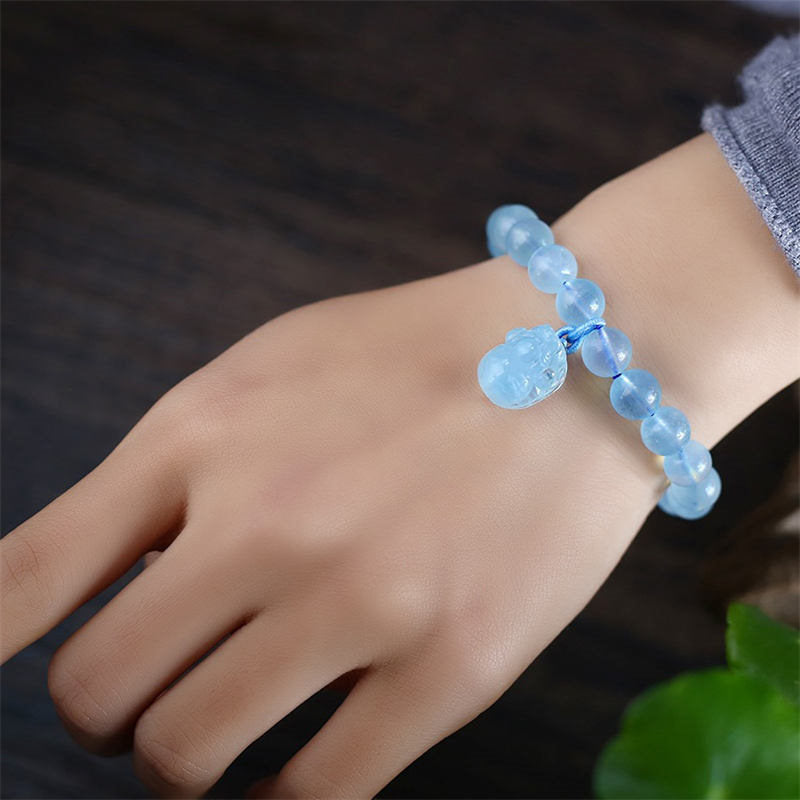 Natural Aquamarine, Amber, and Red Agate Pixiu Charm Bracelet