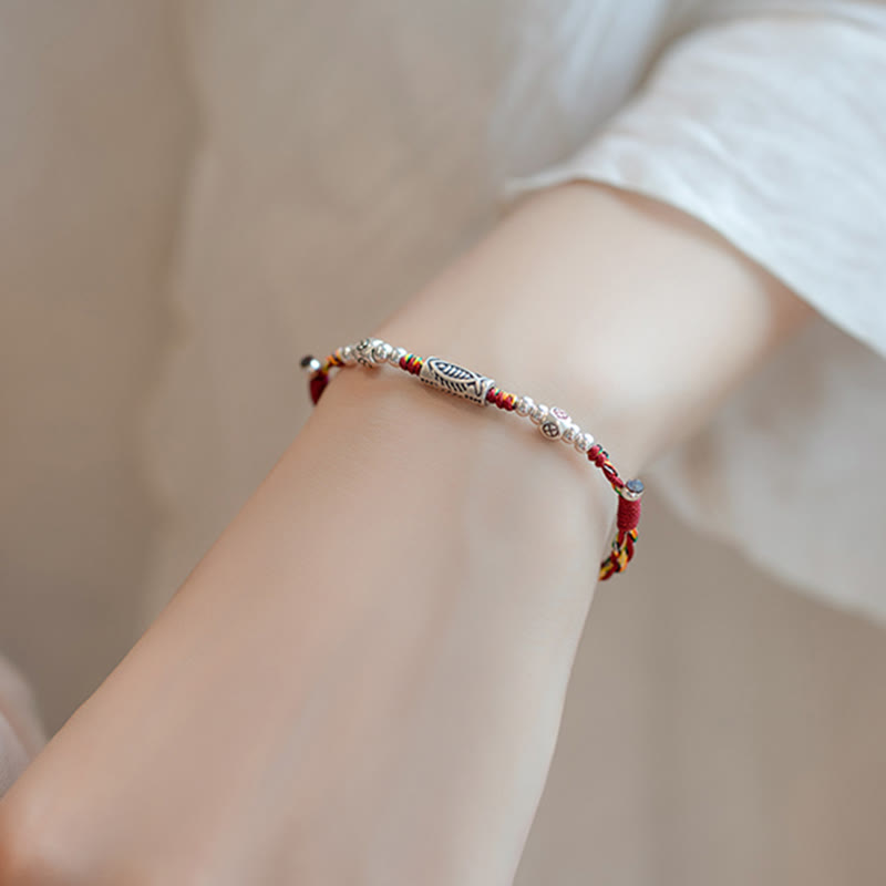 Braided Red String & 925 Sterling Silver Koi Fish Adjustable Bracelet Anklet