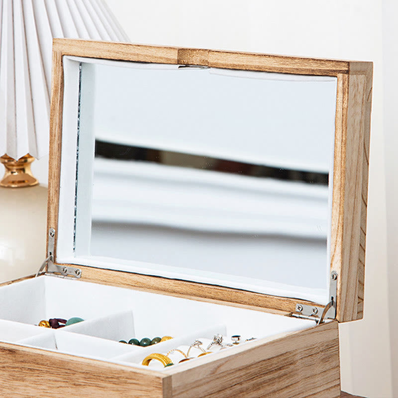Retro Beige Paulownia Wood Two-Layer Jewelry Storage Box with Mirror