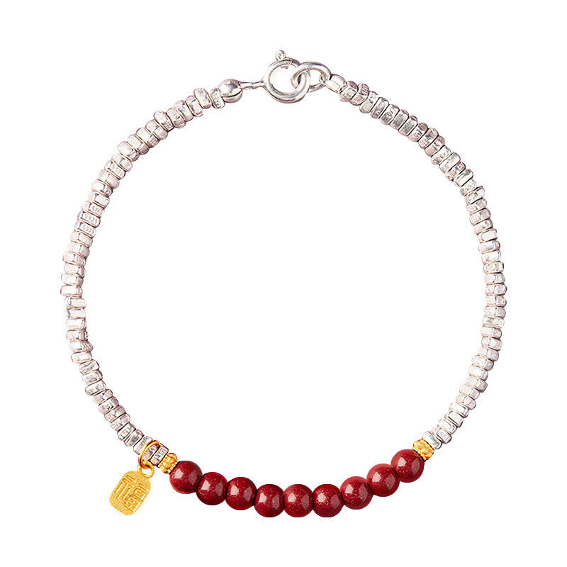 925 Sterling Silver Cinnabar Fu Character Blessing Bracelet