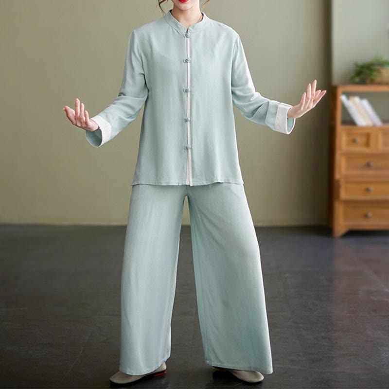 2Pcs Tang Suit Long Sleeve Shirt Top Pants Meditation Zen Tai Chi Cotton Linen Clothing Women's Set