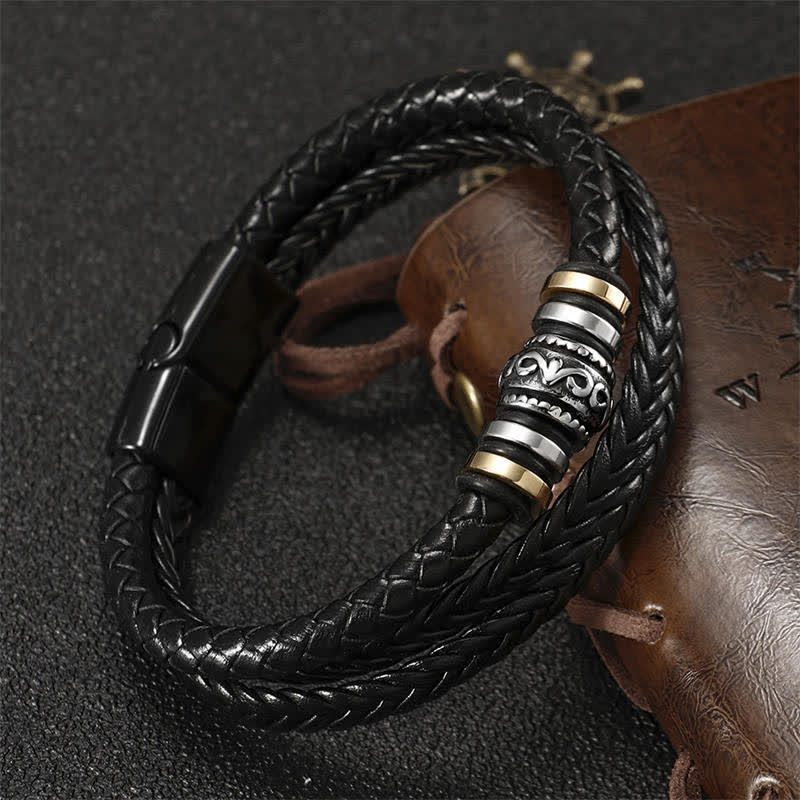 Braided Leather & Titanium Steel Layered Balance Bracelet for Men