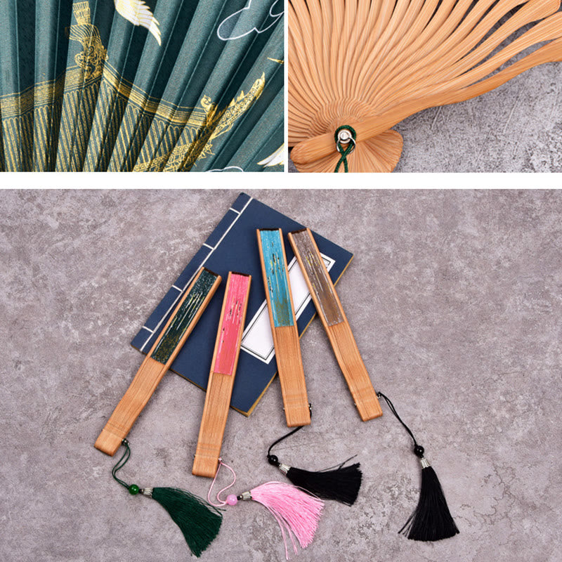 Vintage Cloud Crane Pattern Handheld Bamboo Folding Fan