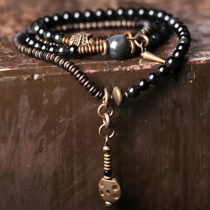Rainbow Obsidian Ebony Wood Copper Positive Multilayer Bracelet