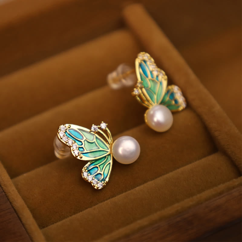 925 Sterling Silver Posts 18K Gold Plated Copper Natural Pearl Butterfly Healing Stud Earrings