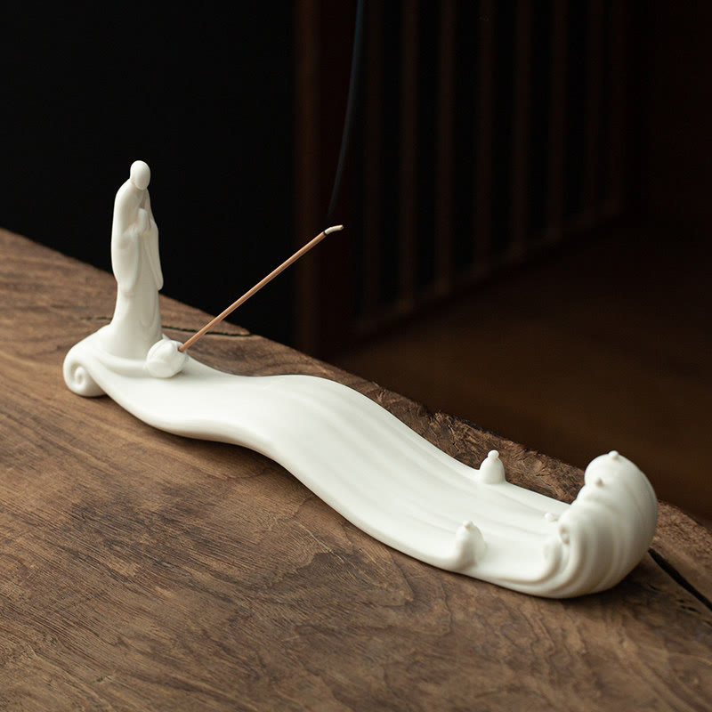 Minimalist Ceramic Monk Sea Wave and Mountain Landscape Incense Burner