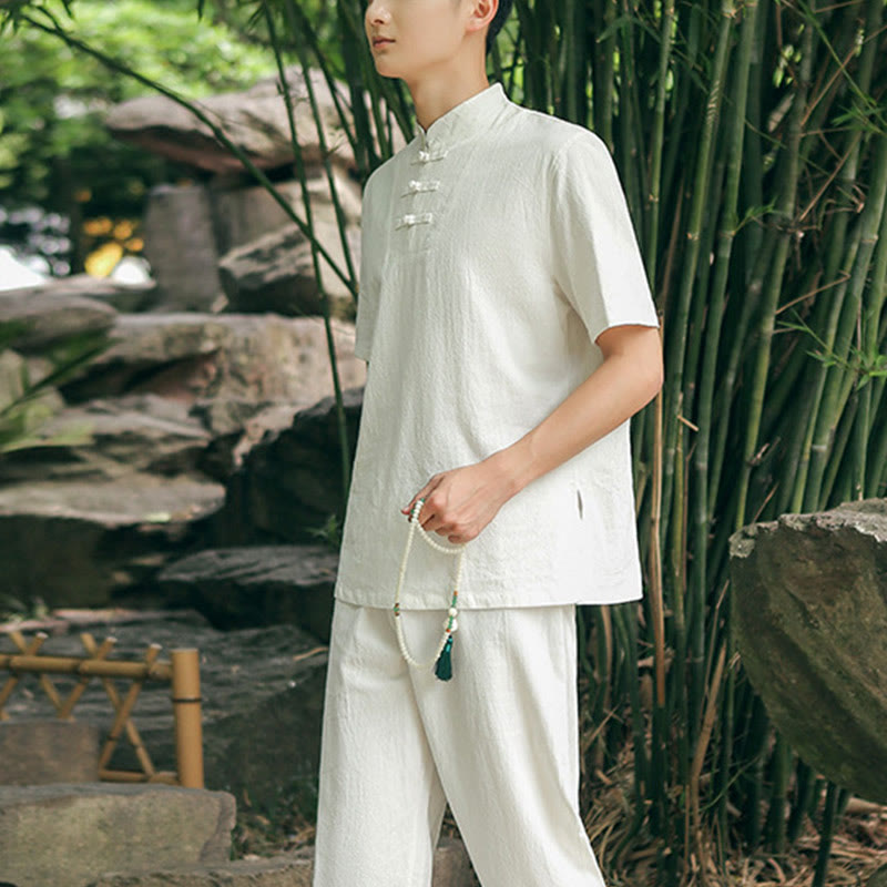 2Pcs Men's Short Sleeve Shirt Top T-Shirt Pants Meditation Zen Tai Chi Cotton Linen Clothing Set
