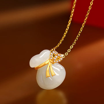 Natural Hetian White Jade Luck Money Bag Necklace Pendant