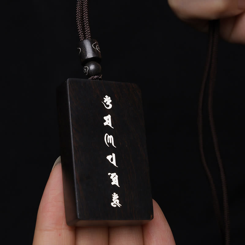 999 Sterling Silver Small Leaf Red Sandalwood Ebony Wood Om Mani Padme Hum Inlaid Protection Necklace Pendant