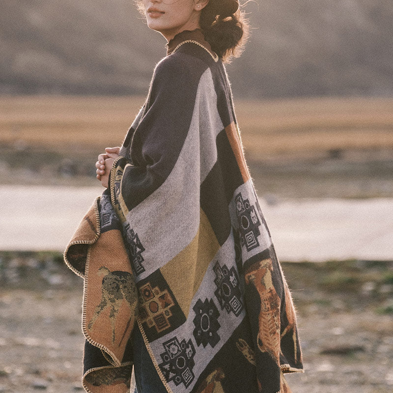 Tibetan Shawl Deer Vase Geometric Shapes Winter Cozy Travel Scarf Wrap