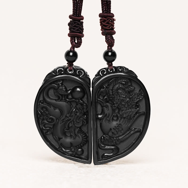 Black Obsidian Love Dragon Phoenix Protection Necklace Pendant
