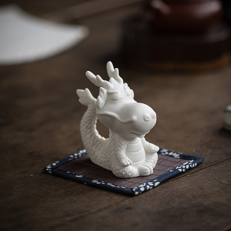 Year Of The Dragon Luck White Porcelain Ceramic Tea Pet Home Figurine Decoration