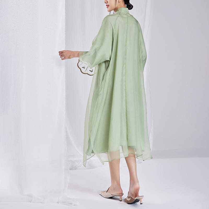 100% Mulberry Silk 6 Momme Dress Vintage Flower Butterfly Embroidery Qipao Dress Women's Cheongsam Dress