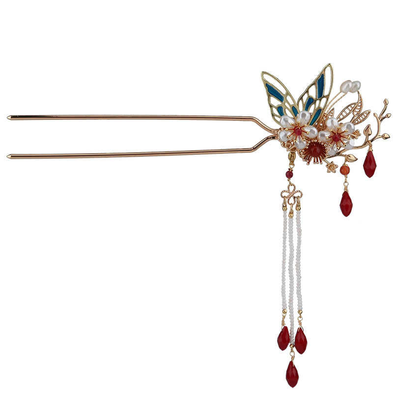 Classical Chinese Style Flower Branche Butterfly Pearl Tassel Hair Clip Hair Comb Hair Crown