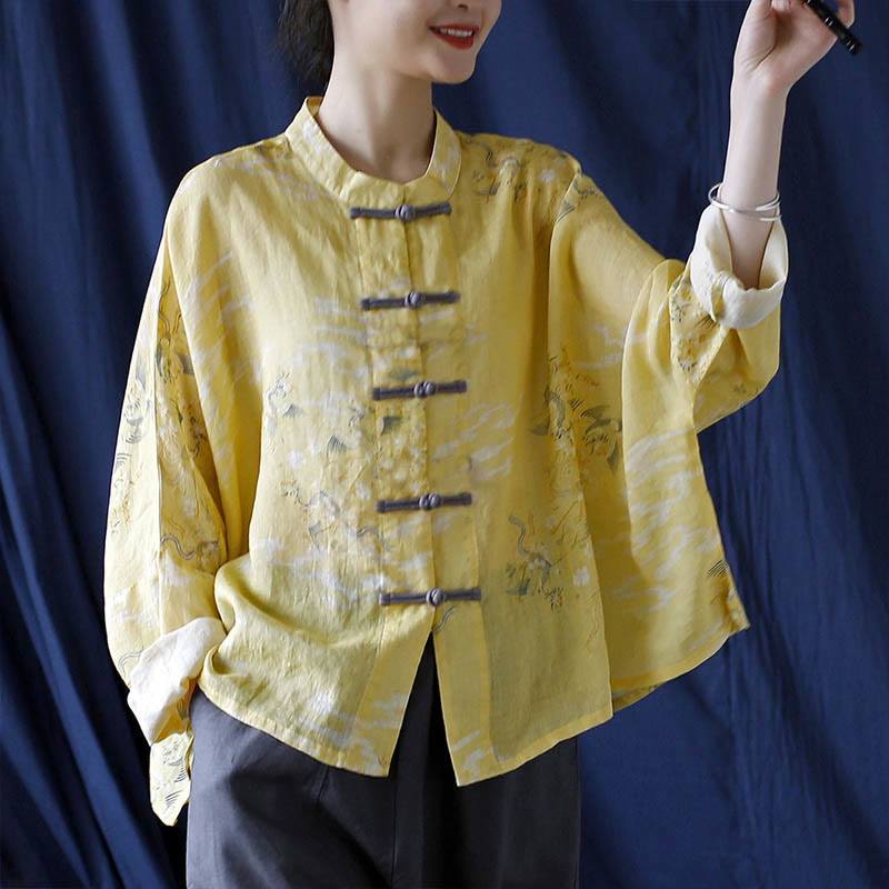 Yellow Phoenix Print Frog-button Design Long Sleeve Ramie Linen Jacket Shirt