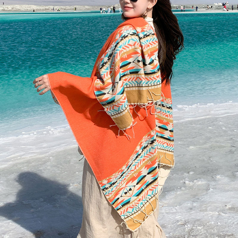 Tibetan Shawl Colorful Geometry Winter Cozy Travel Scarf Wrap