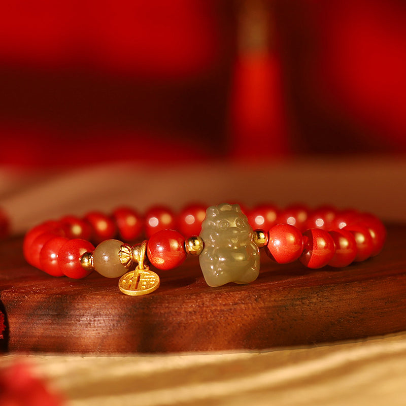 925 Sterling Silver Year of the Dragon Natural Cinnabar Hetian Jade Dragon Fu Character Ruyi As One Wishes Charm Blessing Bracelet