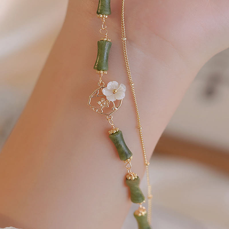 14k Gold Plated Peridot and Tridacna Bamboo Flower Double Layer Copper Bracelet