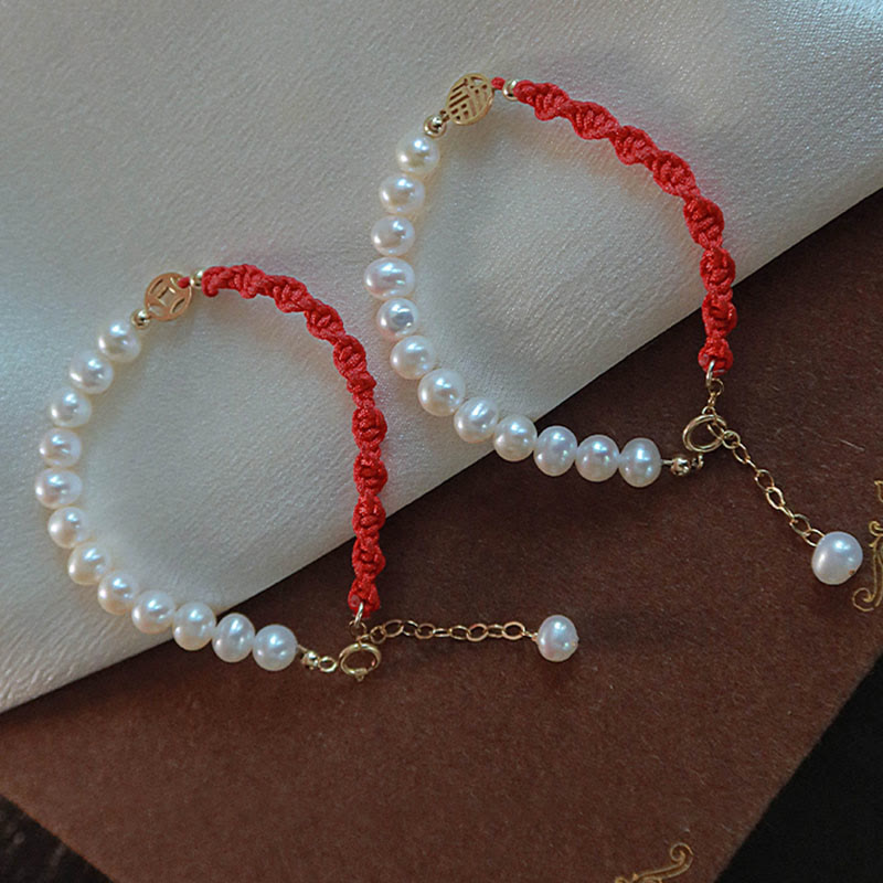 14K Gold Plated Pearl and Prosperity Symbol Braided Red String Bracelet