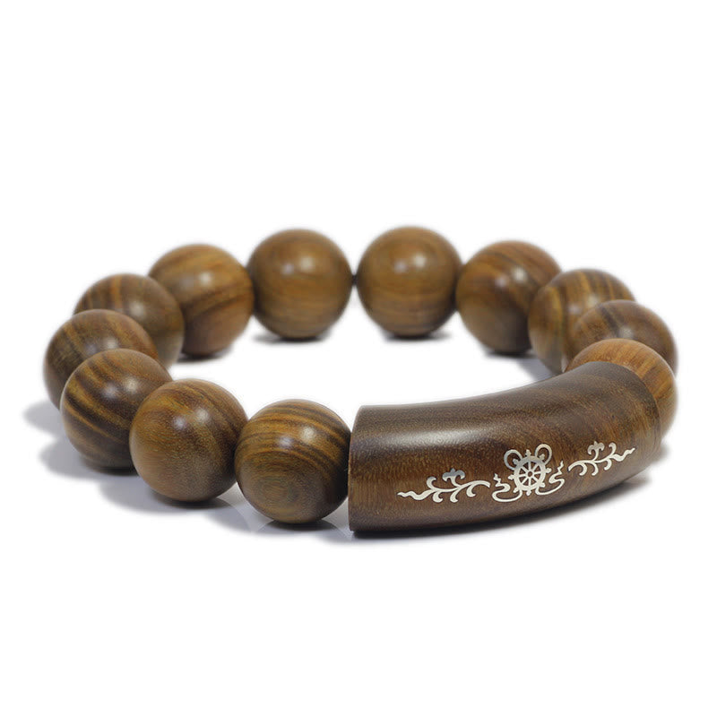 999 Sterling Silver Green Sandalwood Om Mani Padme Hum Dragon Phoenix Dharmachakra Inlaid Peace Bracelet
