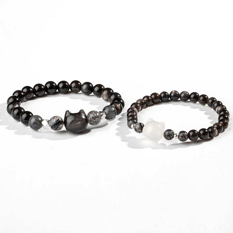 Natural Silver Sheen Obsidian Cute Cat Head Protection Bracelet