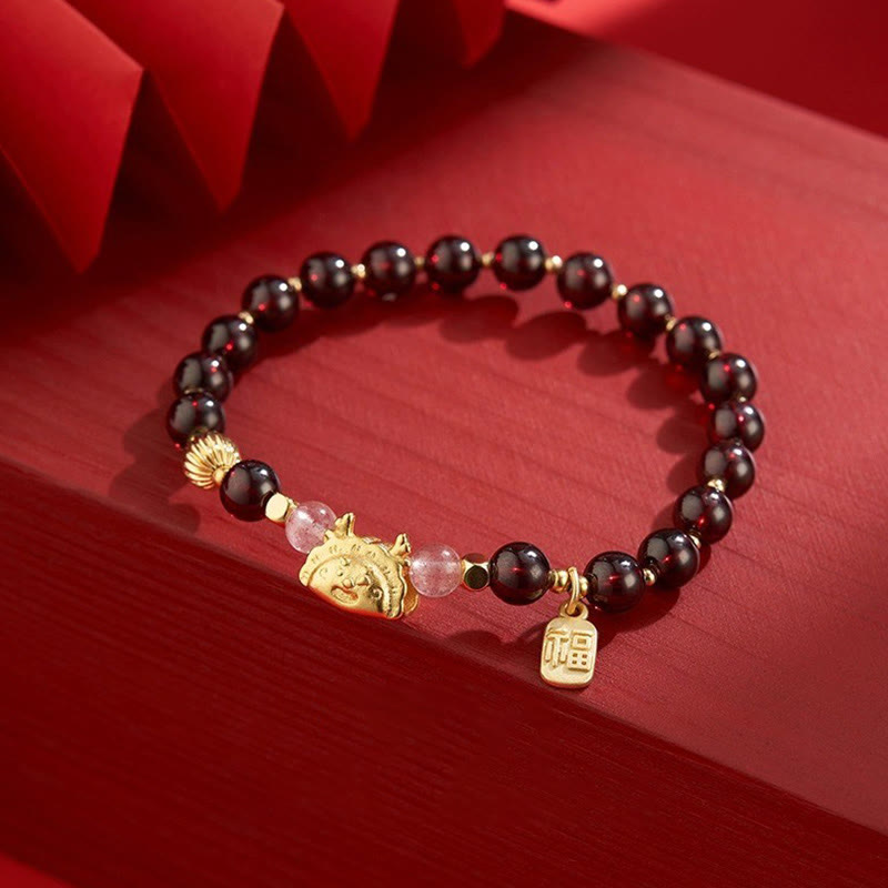 Year of the Dragon Dumpling Natural Red Agate Garnet Hetian Jade Fu Character Luck Success Bracelet