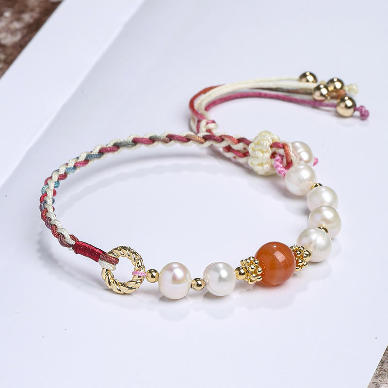 14K Gold Plated Natural Pearl & Seashell Charm Bead Bracelet with Amethyst or Red Agate