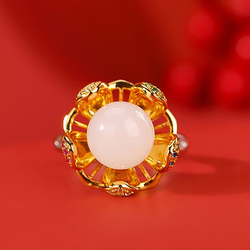 Handcrafted 925 Sterling Silver and Gold Jade Lotus Flower Ring
