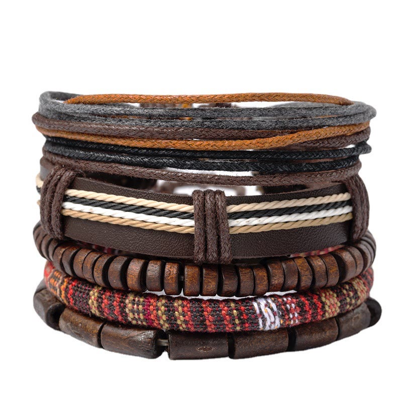 Wrap Hemp Cords Wood Beads Leather Bracelet