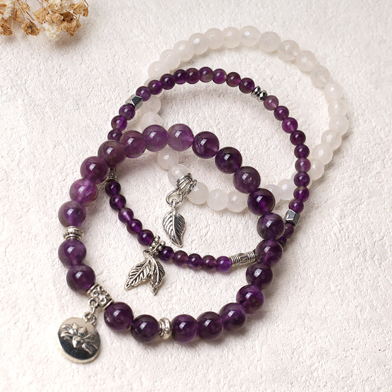 3PCS Natural Gemstone Beaded Lotus Charm Bracelet Set