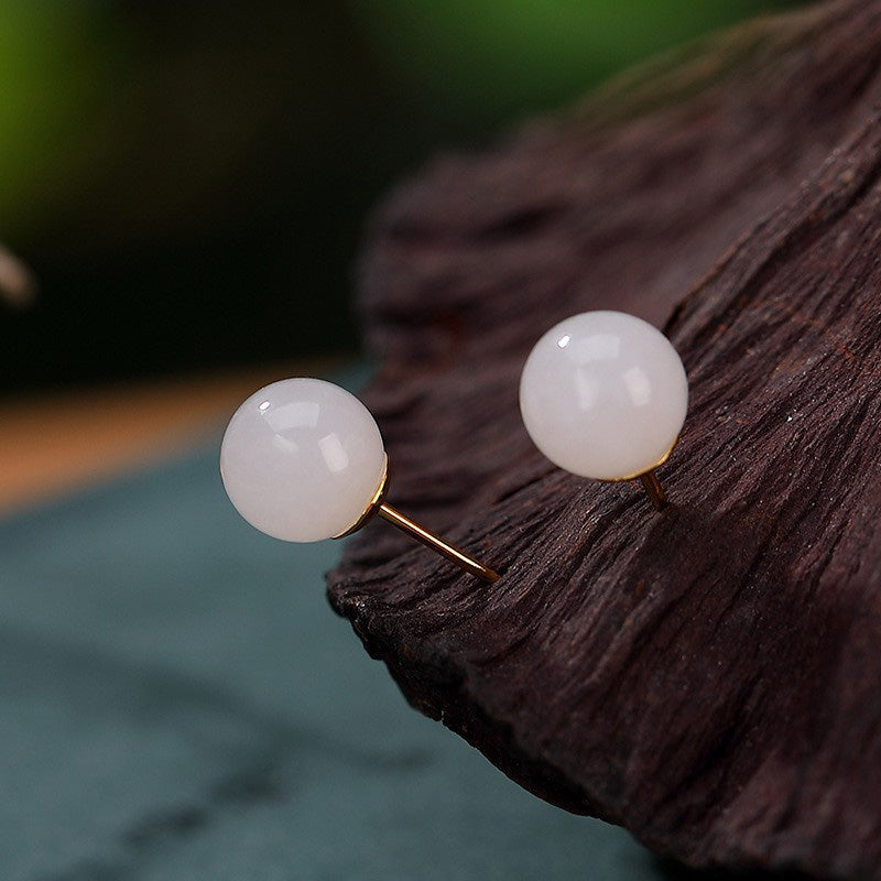 Handmade 925 Sterling Silver Round White Jade and Gold Minimalist Stud Earrings