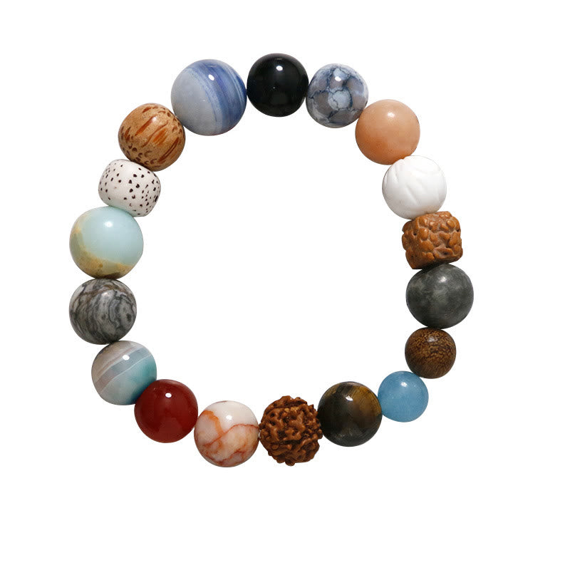 Handmade 18-Bead Bodhi Seed Bracelet with Natural Agate and Clear Quartz
