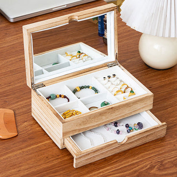 Retro Beige Paulownia Wood Two-Layer Jewelry Storage Box with Mirror