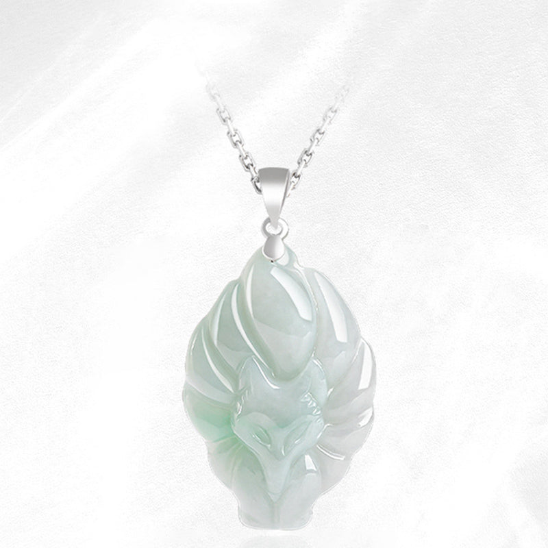 925 Sterling Silver Natural Jade Nine Tailed Fox Prosperity Necklace Pendant