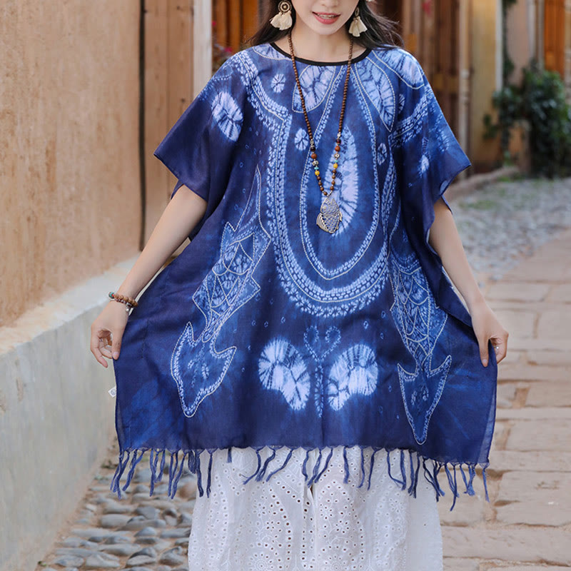 Blue Geometric Batik Draped Travel Meditation Shawl