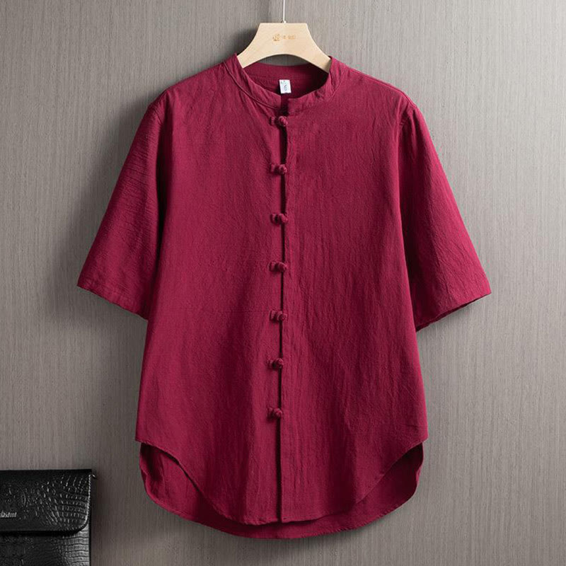 Frog-Button Plain Chinese Tang Suit Short Sleeve Shirt Cotton Linen Men Clothing