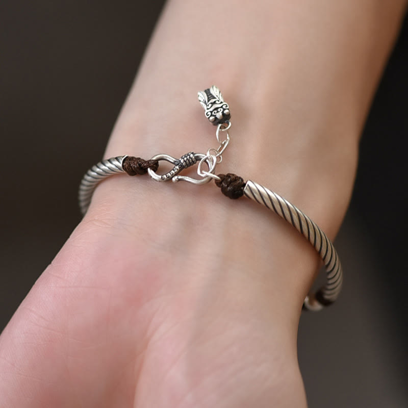 999 Fine Sterling Silver Bamboo Pattern and Cicada Engraved Open Cuff Bracelet