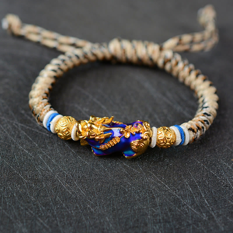 Color-Changing Gold & Copper Chinese Coin Pixiu Adjustable Cord Bracelet