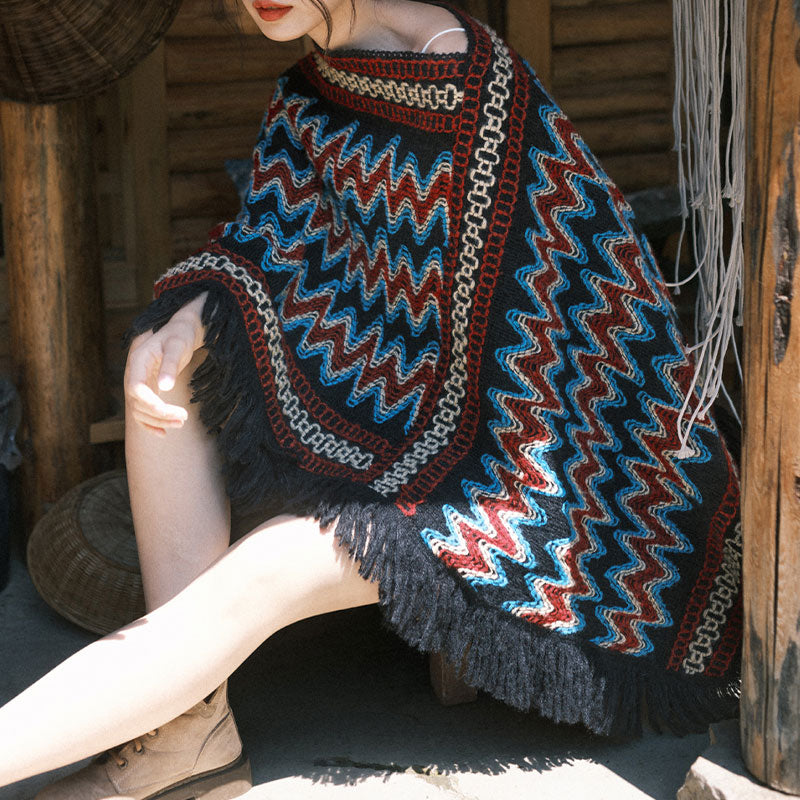 Tibetan Shawl Striped Knitted Tassels Pullover Winter Cozy Travel Scarf Wrap