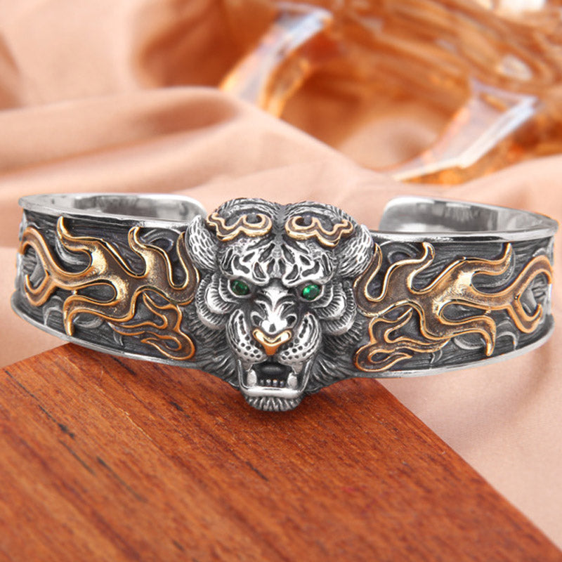 925 Sterling Silver Chinese Zodiac Tiger Adjustable Bangle Bracelet