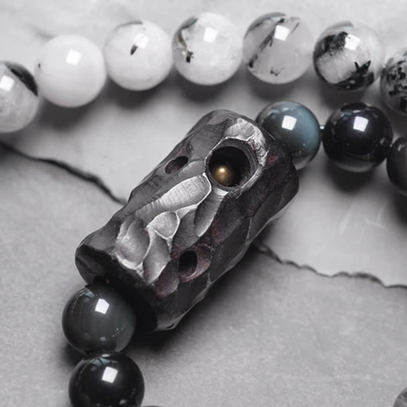 Black Rutilated Quartz, Ebony Wood, Obsidian & Clear Quartz Copper Couple Bracelet