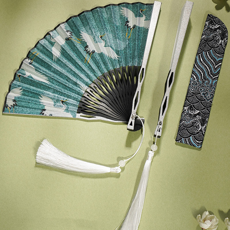 Vintage Blue White Crane Pattern Handheld Silk Bamboo Folding Fan