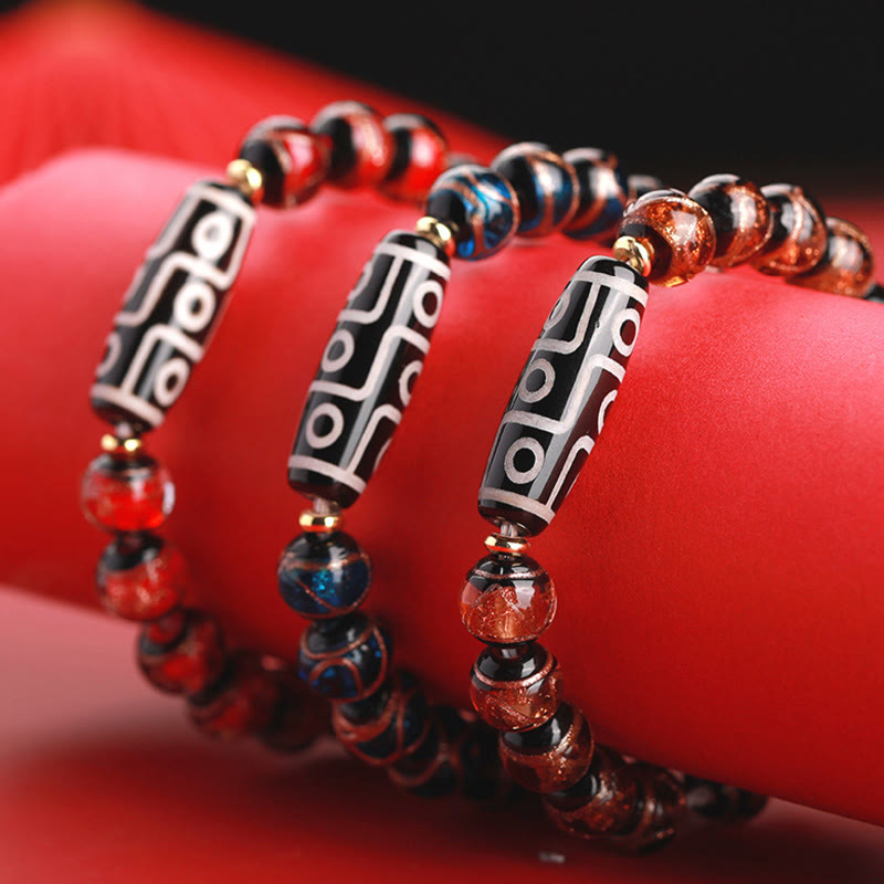 Hand-Finished Tibetan Style Dzi Bead and Vibrant Liuli Glass Beaded Bracelet