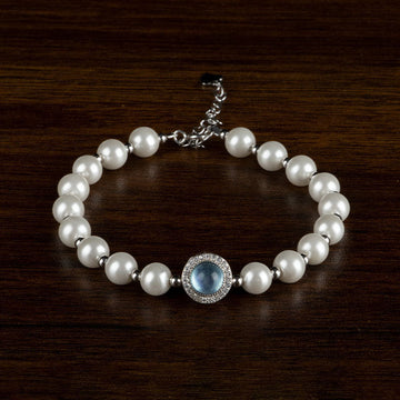 925 Sterling Silver Pearl Blue Chalcedony Healing Chain Bracelet Ring