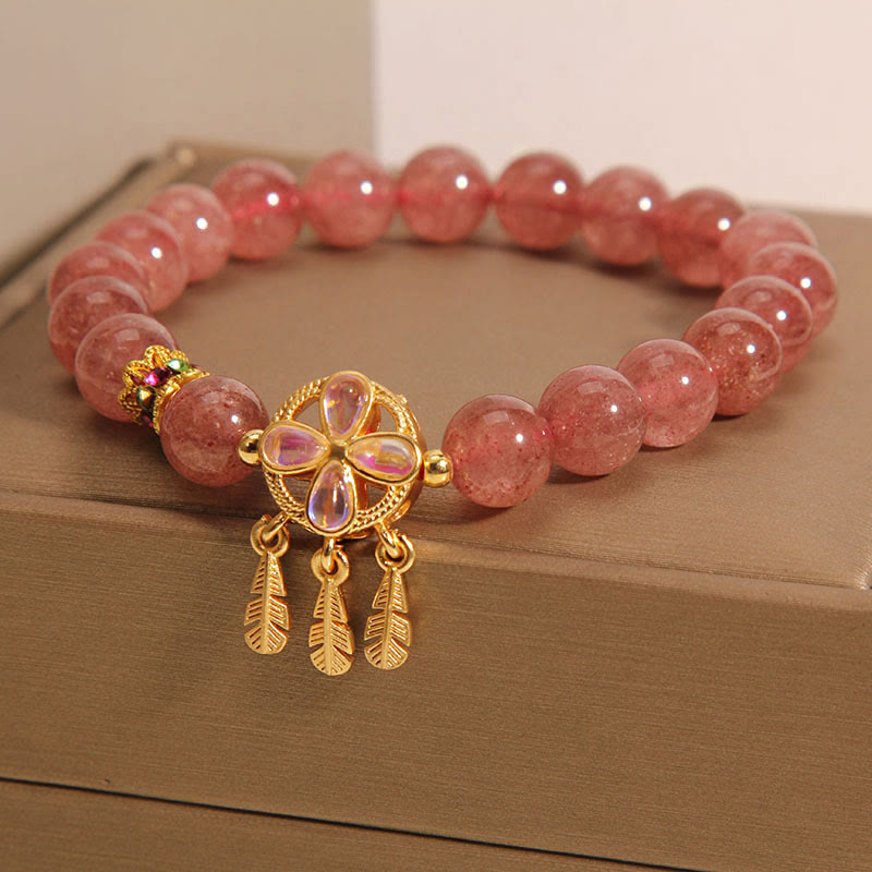 Natural Strawberry Quartz Four Leaf Clover Dreamcatcher Charm Love Bracelet