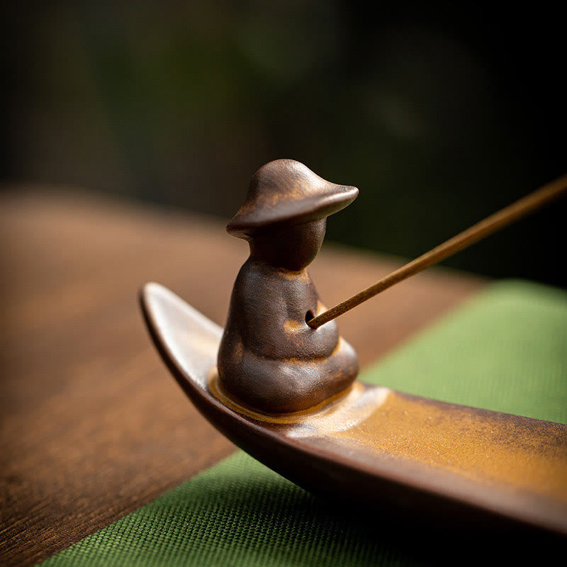 Handcrafted Ceramic Fisherman Zen Scene Healing Incense Burner
