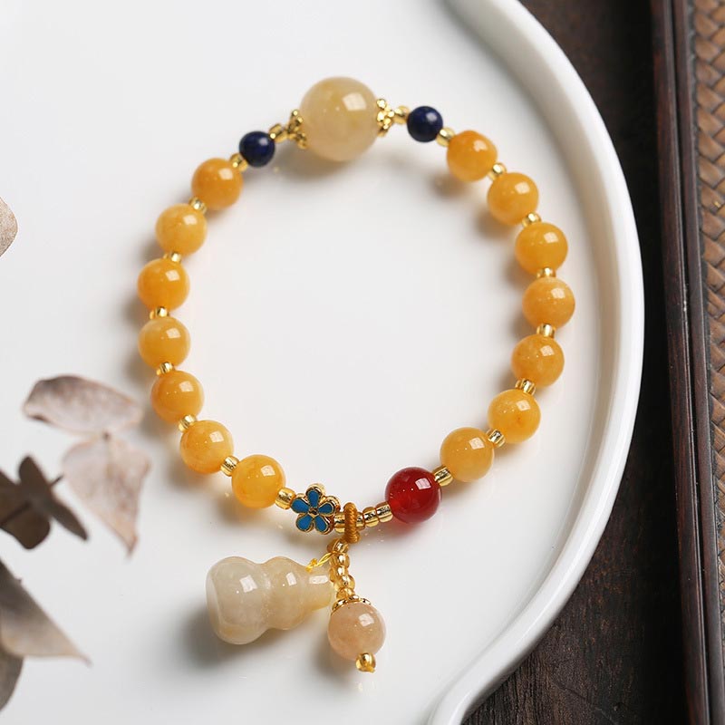 Natural Golden Silk Jade Gourd Charm Wealth Luck Bracelet
