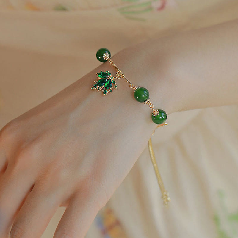 14k Gold Plated Green Chalcedony Maple Leaf Courage Strength Bracelet